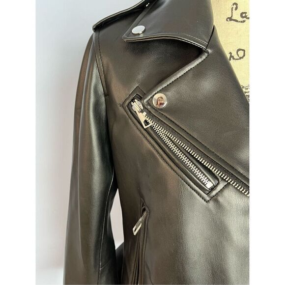 Zara US Medium Black Faux Leather Motorcycle Moto Jacket Pockets - Picture 5 of 13